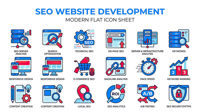 SEO Website Development Modern Flat Icons Set - Digital Marketing Concepts