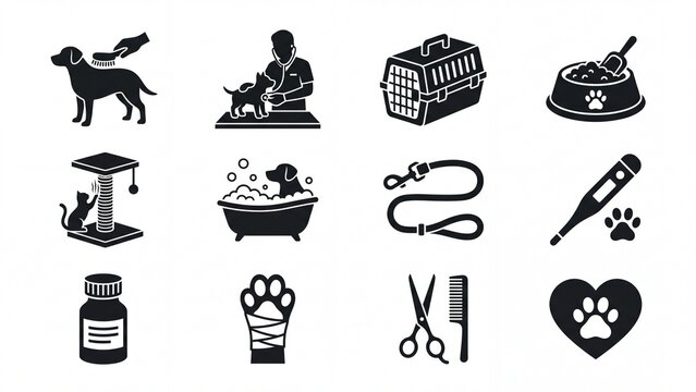 Set of pet care and veterinary service icons flat silhouette vector design for animal clinics and pet shops isolated on white background