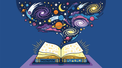 Flat Vector Illustration of an Open Book Spilling Out a Galaxy of Stars, Planets, and Swirling Nebulae, Symbolizing Imagination and Creativity, on a Dark Blue Background © Albilais