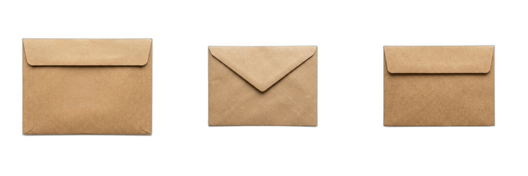 Set of three brown craft paper envelopes, isolated on white background, blank recycled stationery for mailing, business correspondence, greeting cards, invitation design, minimalist office supply and 