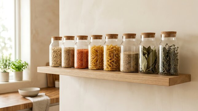Row of glass storage jars with cork lids filled with pasta, lentils, grains, and herbs on a wooden floating shelf in a bright kitchen interior, showcasing a modern sustainable home lifestyle.