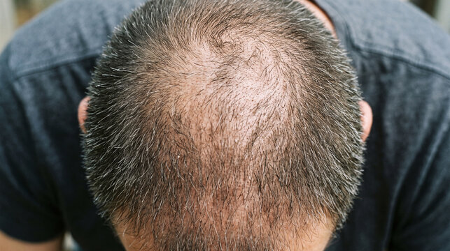 Closeup of a mans balding head showing hair loss and thinning on the crown