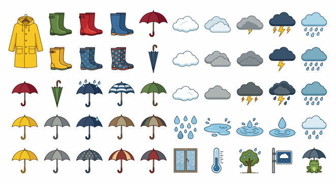 Collection of colorful rain gear including coats, boots, and umbrellas