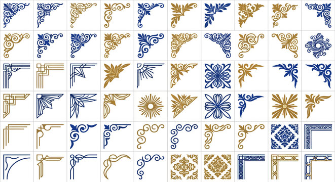 Gold and blue decorative corner borders set, vintage elegant ornament designs for frames, wedding invitations, and cards