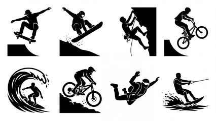 Obraz premium Vector silhouettes of extreme sports athletes showcasing various adventure activities suitable for branding icons and active lifestyle designs