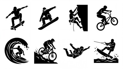 Obraz premium Collection of extreme sports and outdoor activity silhouettes vector icons for action and adventure themes isolated on white background