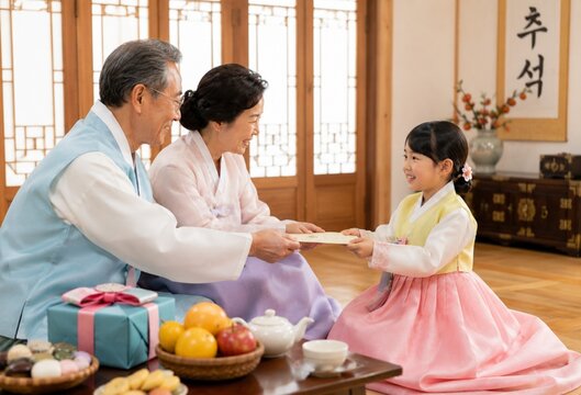 한복을 입은 어린이가 조부모님께 세배하는 한국 명절 풍경