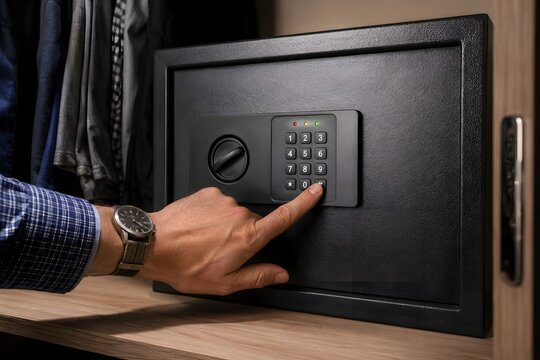 Man pressing pin code on electronic keypad of black security safe box inside wardrobe closet
