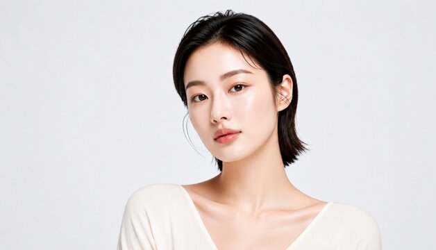 깨끗한 흰 배경 앞에서 자연스러운 아름다움을 보여주는 여성 뷰티 초상