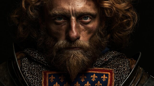 Europe medieval lifestyle. A closeup portrait of a bearded man with intense blue eyes and curly, golden hair. He wears a chainmail armor with a blue and gold fleurdelis emblem on the chest.