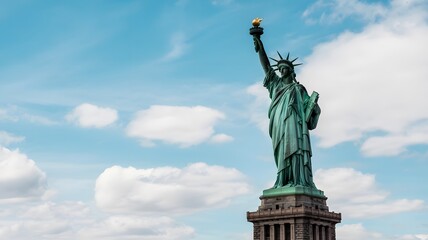 Fototapeta premium The Statue of Liberty Standing Proudly Against a Bright Blue Sky with White Clouds