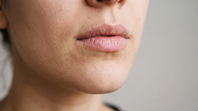 Closeup of a womans lower face showing dry chapped lips and skin irritation around the mouth