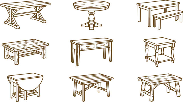 Set of hand-drawn wooden table featuring various shapes and styles including round, rectangular, and folding tables on white