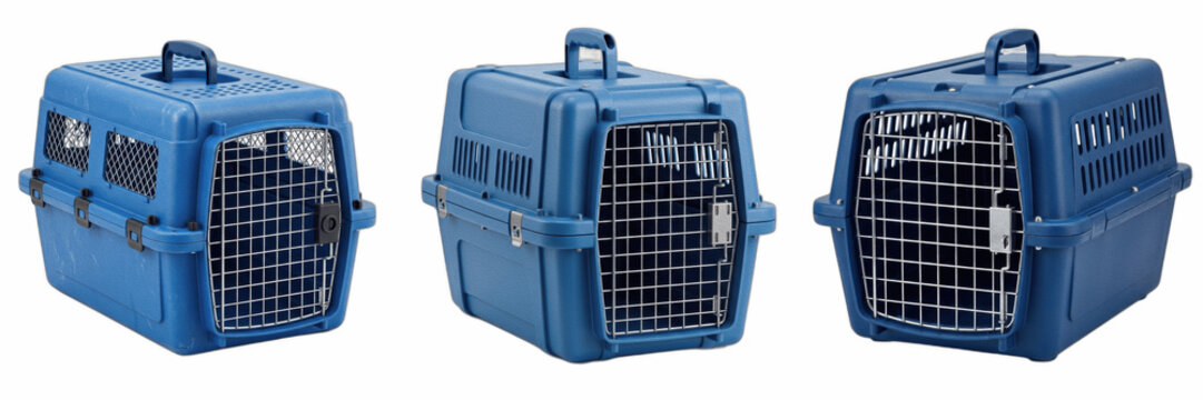 Set of Blue Plastic Pet Carriers Isolated on White Background, Durable Travel Crates for Cats and Small Dogs, Portable Kennels with Metal Doors for Safe Transport and Veterinary Visits, Essential Pet 