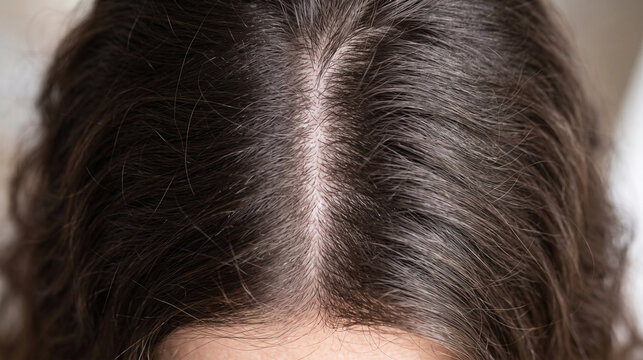Closeup of a womans scalp showing dark hair with visible gray roots