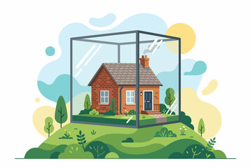 Naklejka premium Home Insurance and Property Protection Concept with House in Glass Cube