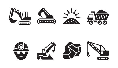 Mining industry equipment collection flat vector icons for heavy machinery and engineering. © MDABDUR