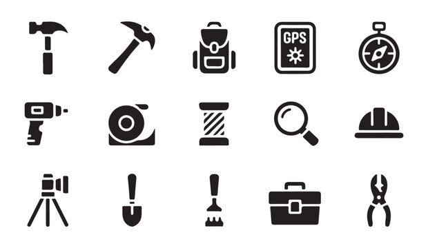 Geological survey and mining equipment icons: GPS, compass, backpack, tools, and hard hat.