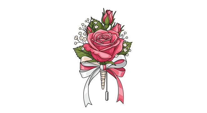Elegant pink rose boutonniere with ribbon and baby breath for wedding celebrations or formal events