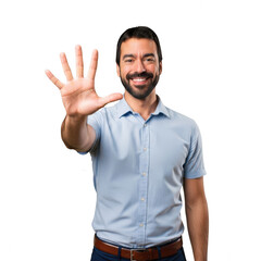 Fototapeta premium Smiling man showing five fingers gesture with his hand isolated on transparent background