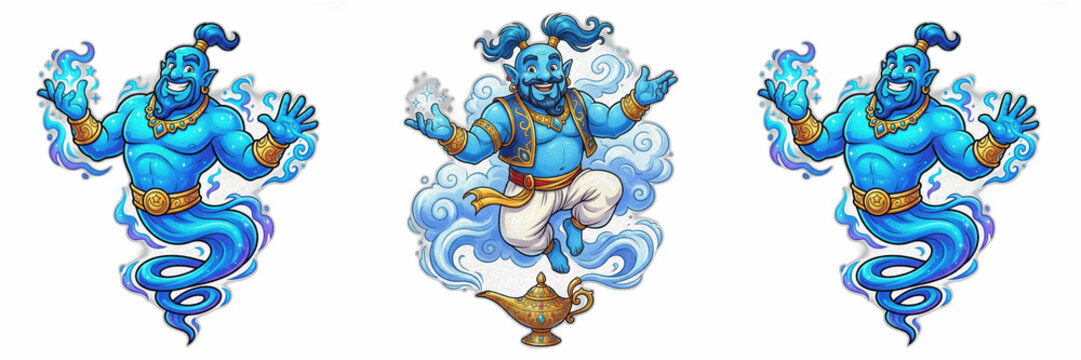 Set of Magical Blue Genie Characters Isolated on White Background, Mystical Spirit Emerging from Golden Lamp, Cartoon Fantasy Illustration, Mythical Being with Glowing Smoke Effects for Storytelling a