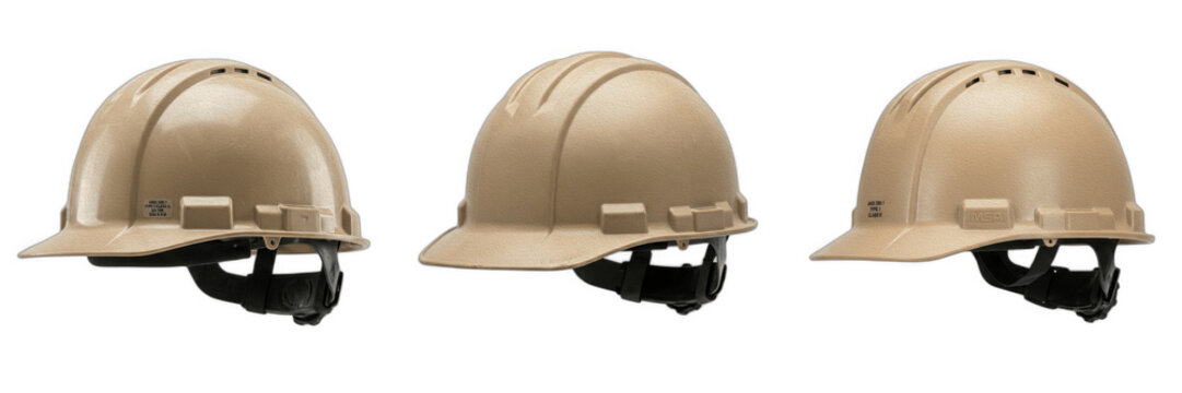 Set of Tan Industrial Hard Hats Isolated on White Background, Protective Safety Helmets for Construction Workers, Professional Gear for Engineering Sites, Durable Head Protection Equipment for Industr