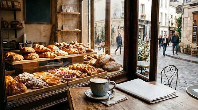 A cozy corner in a Parisian cafe featuring a hot cup of cappuccino and a newspaper on a wooden table, overlooking a display of fresh pastries with pedestrians on a European street.
