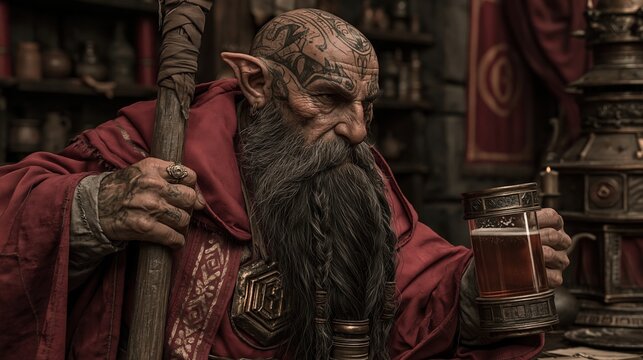 Europe medieval lifestyle. A detailed portrayal of an elderly man with a long, dark beard and tattoos on his forehead.