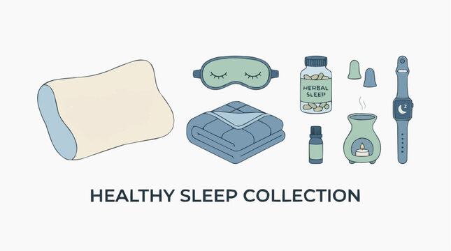 Healthy sleep routine collection icons with pillow blanket eye mask