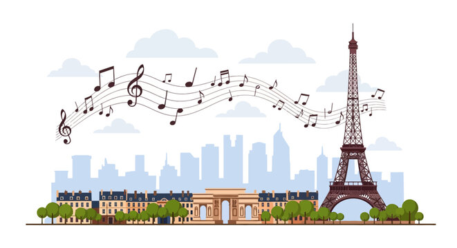 Paris skyline vector illustration featuring the Eiffel Tower, Arc de Triomphe, and musical notes on a staff over the city buildings and clouds on a white background.