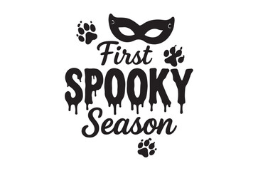 Fototapeta premium Black cat mask and paw prints silhouette with halloween typography