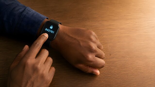 Man hands checking security authorization passcode pin code on smartwatch screen on wooden table