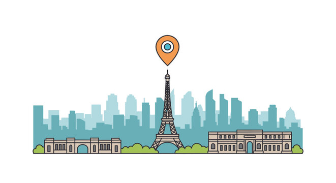 Flat vector illustration of the Paris city skyline silhouette with the Eiffel Tower, historic architecture, and an orange location map pin icon isolated on white background.