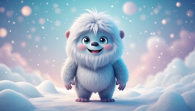 Cute 3D Fluffy White Yeti Monster with Teal Eyes Smiling Standing on Snow with Bokeh Winter Background