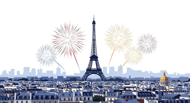 Vector illustration of Paris skyline with Eiffel Tower, colorful fireworks, urban rooftops, and Les Invalides dome. Bastille Day celebration graphic on white background.