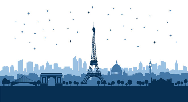Vector illustration of the Paris city skyline featuring the Eiffel Tower, Arc de Triomphe, and historic landmarks under a starry night sky in blue monochrome silhouette style.