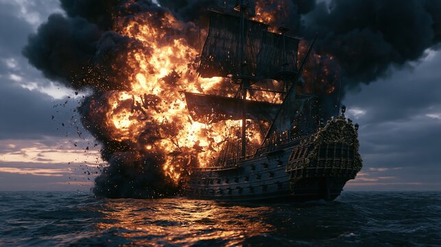Europe medieval lifestyle. A dramatic depiction of a pirate ship engulfed in flames and smoke, set against a dramatic sky. The ship, with its masts, sails, and ornate decorations, is the main subject.