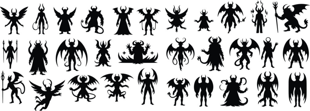 Fantasy Demon and Devil Character Silhouette Vector Set, Dark Mythical Monster Collection for Halloween Design