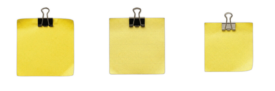 Set of Yellow Sticky Notes with Black Binder Clips Isolated on White Background, Blank Square Paper Sheets for Reminders and Organization, Office Supplies Concept, Minimalist Note Taking Elements for 