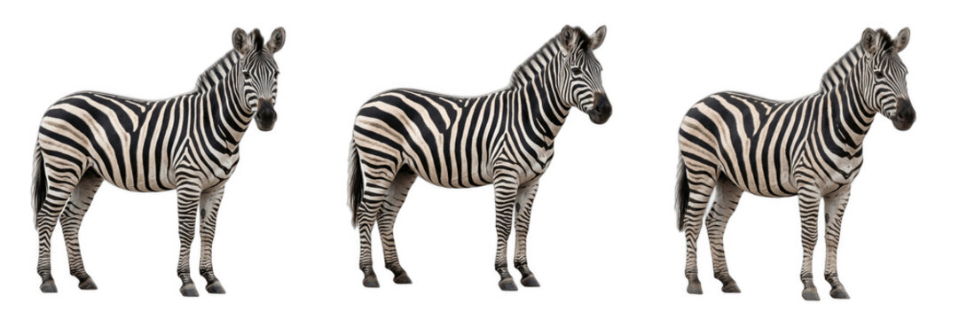 Set of Zebras Standing Together Isolated on White Background, Majestic African Wildlife Animals, Black and White Striped Pattern, Exotic Nature Photography for Education, Safari Concept and Animal Kin