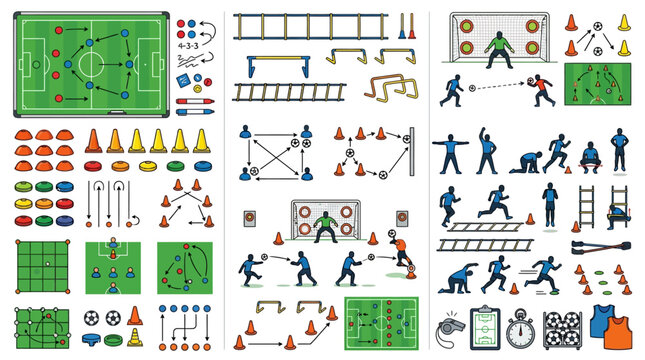 Comprehensive collection of soccer training equipment and drill diagrams.