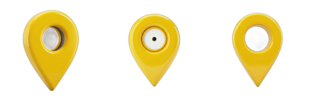 Set of Yellow Map Location Pins Isolated on White Background, 3D Navigation Markers for GPS Tracking and Digital Maps, Point of Interest Icons for Travel App UI Design, Modern Web Graphics for Locatio
