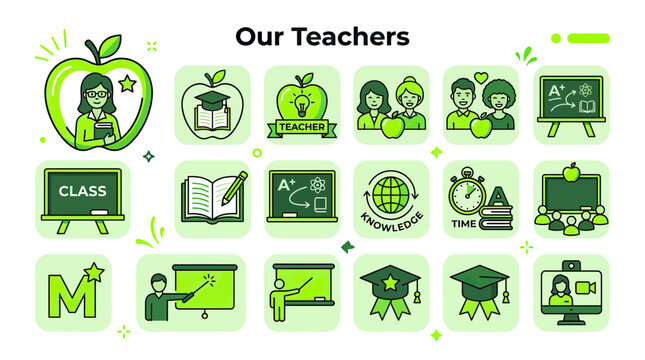 Education Icons: Teachers, Learning, School, Knowledge, Classroom, Apple, Graduation