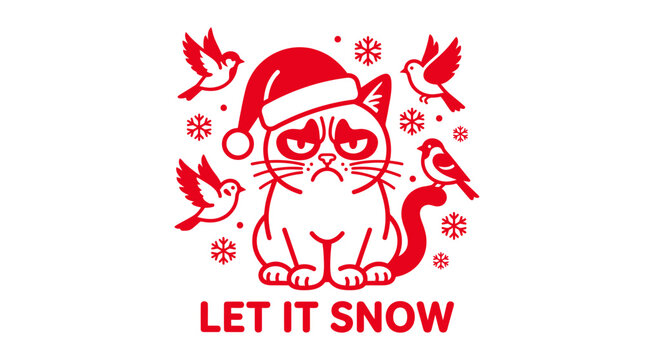 Grumpy Cat Christmas Icon with Snowflakes and Birds - Let It Snow