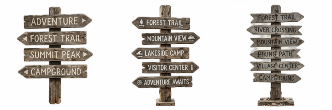 Set of Wooden Directional Signposts Isolated on White Background, Rustic Wilderness Marker Poles for Hiking Trails and Camping, Adventure Signage Collection for Parks and Outdoor Exploration Projects