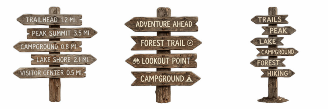 Set of Wooden Directional Signs Isolated on White Background, Rustic Hiking Trail Marker Posts for Adventure and Navigation, Outdoor Wilderness Signage Collection for Tourism and Park Exploration