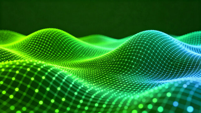 Modern technology-inspired design with green and blue gradient light, flowing grid waves, and dark background.