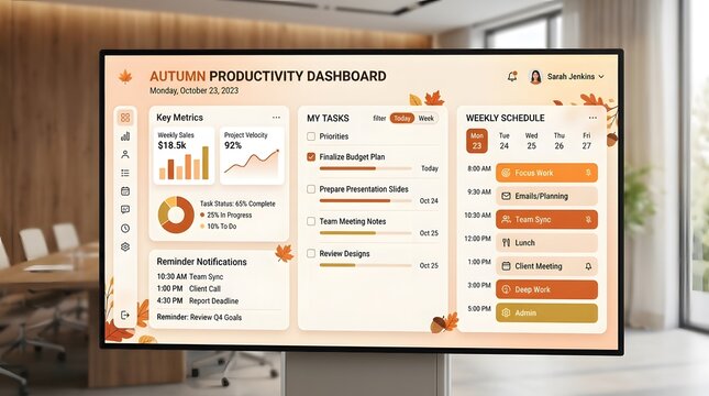 Autumn productivity dashboard displaying metrics and tasks on a digital screen in a modern office