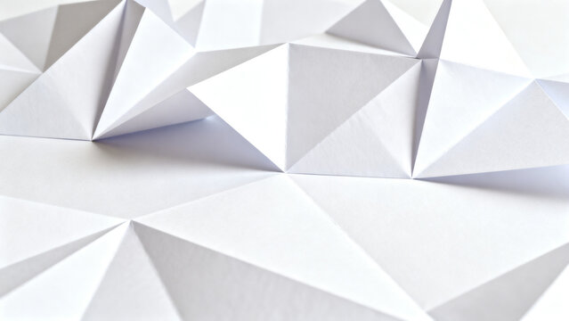 Abstract white low poly paper background with folded geometric surfaces and polygonal shapes.