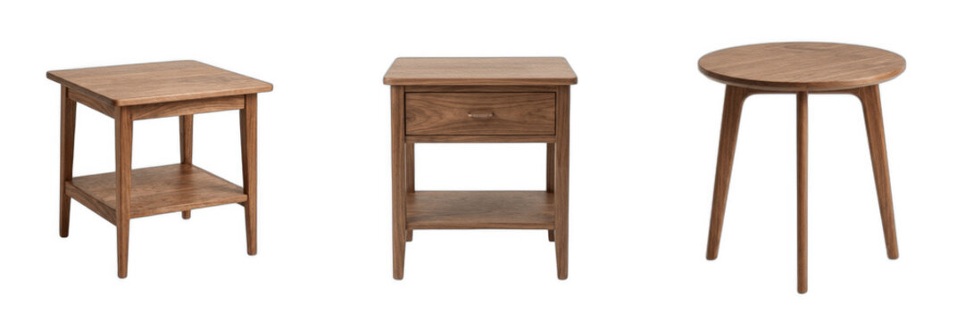 Set of Wooden Side Tables Isolated on White Background, Modern Nightstands and End Tables Collection, Elegant Brown Wood Furniture for Bedroom and Living Room Interior Design, Minimalist Decor Element